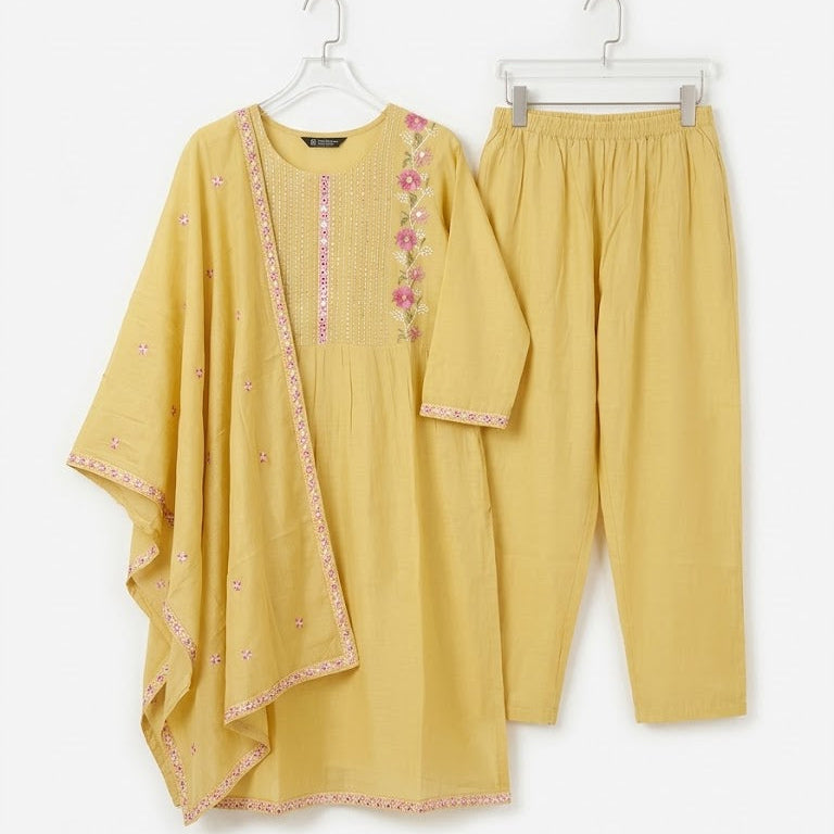 Women's Elegant Lemon Yellow Embroidered Anarkali Set with Dupatta S 3622