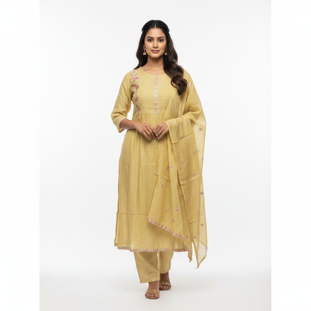 Women's Elegant Lemon Yellow Embroidered Anarkali Set with Dupatta S 3622